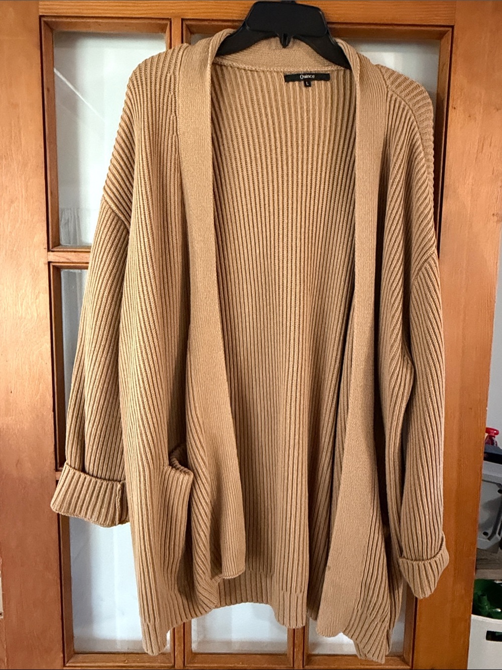 Quince Camel Ribbed Open-Front Cardigan